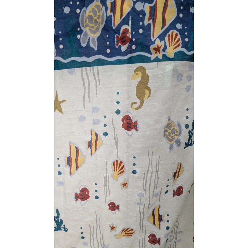 Vintage 80s 90s Shower Curtain Blue White Fish Sea Turtle Seahorse Ocean Theme